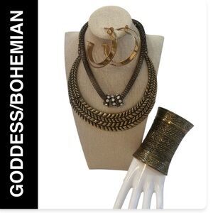 Antique Style Heavy Gold-Tone Statement Jewelry Set - Necklaces, Cuff & Earrings